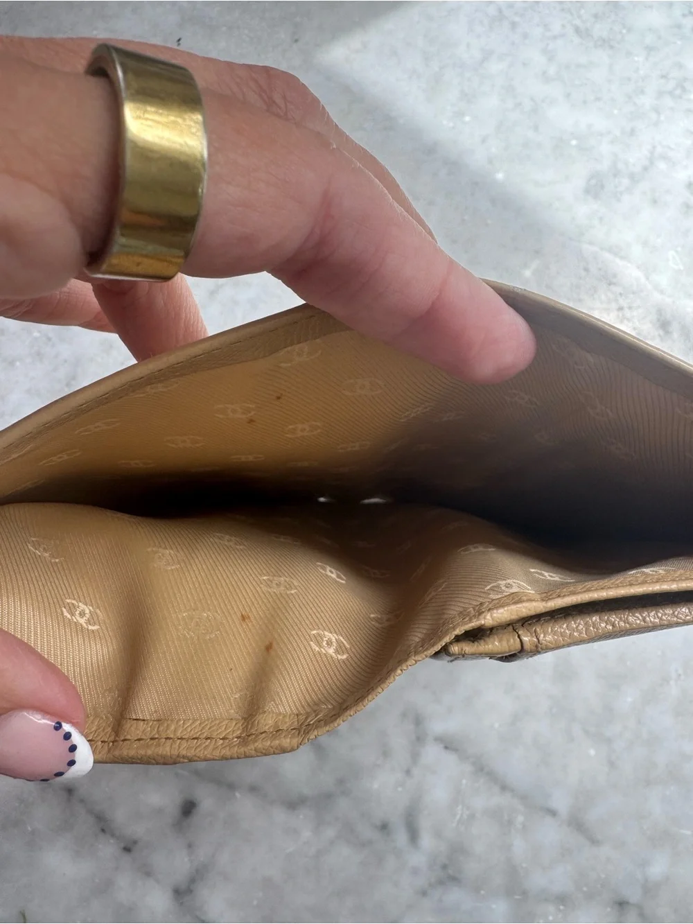 CHANEL Beige Leather Long Wallet with Gold CC Button